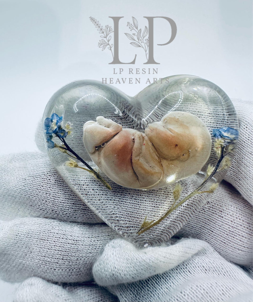 Womb baby 9-10 weeks with real forget me not flowers , baby loss resin heart